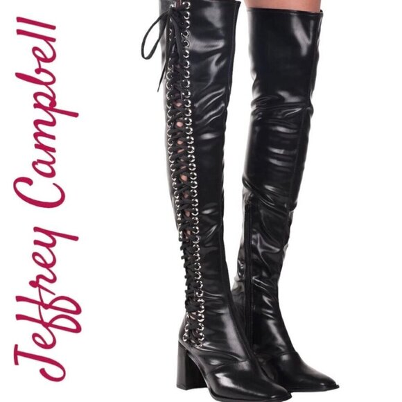 NWOB JEFFREY CAMPBELL Black Elektra Corset Faux Leather Over The Knee Boots, 6 - Picture 14 of 14